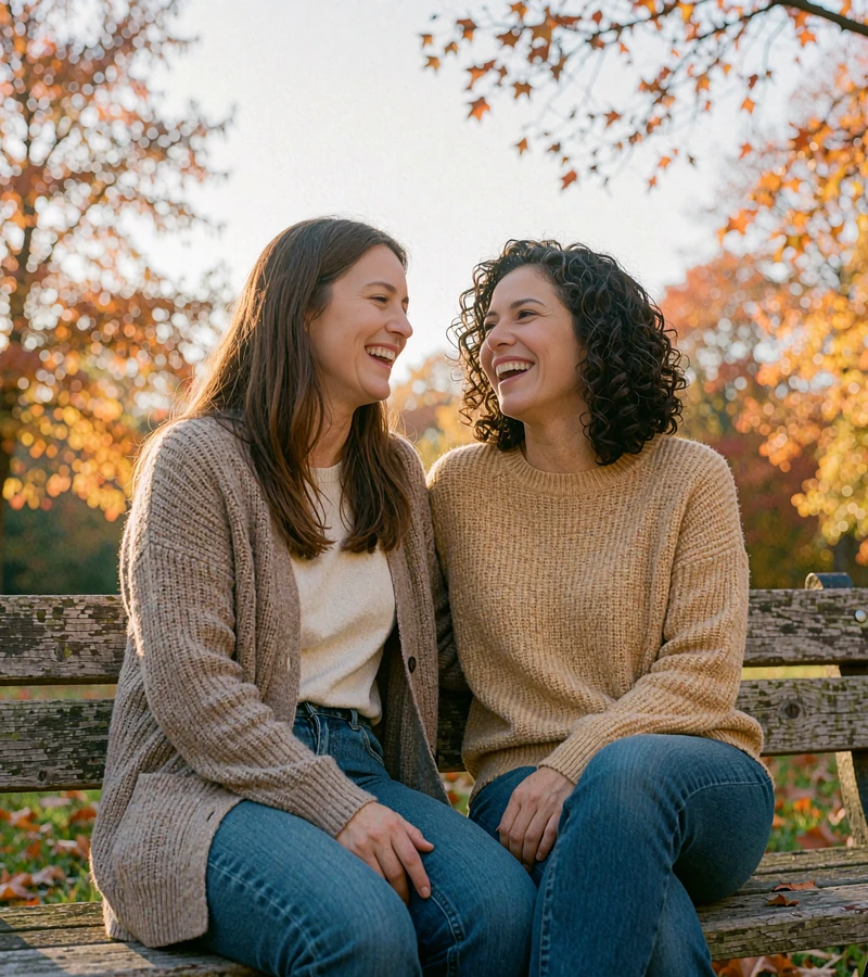 Two women friends in cozy autumn sweaters laughing on a park bench, showing the warm mood of Silkslove dating