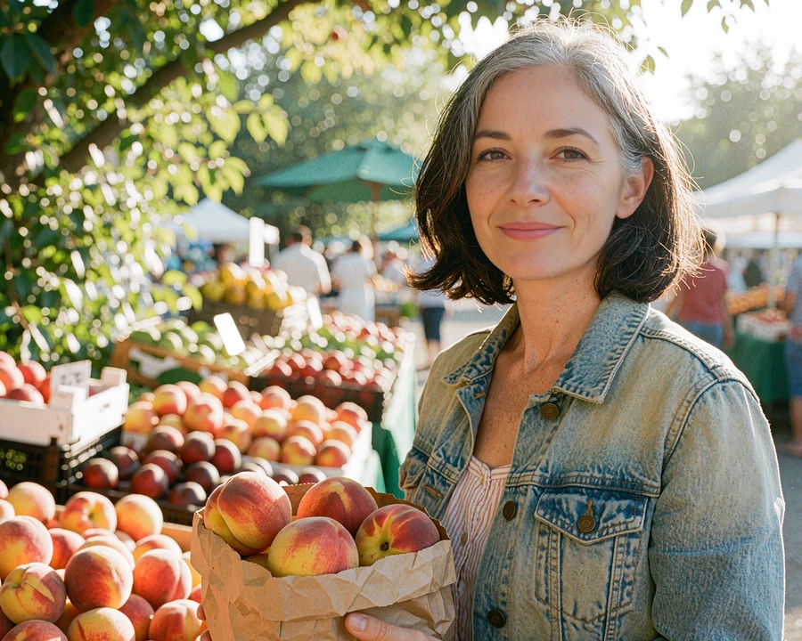 Smiling woman with a silver-streaked bob holding peaches at a farmers market, a friendly single open to online dating