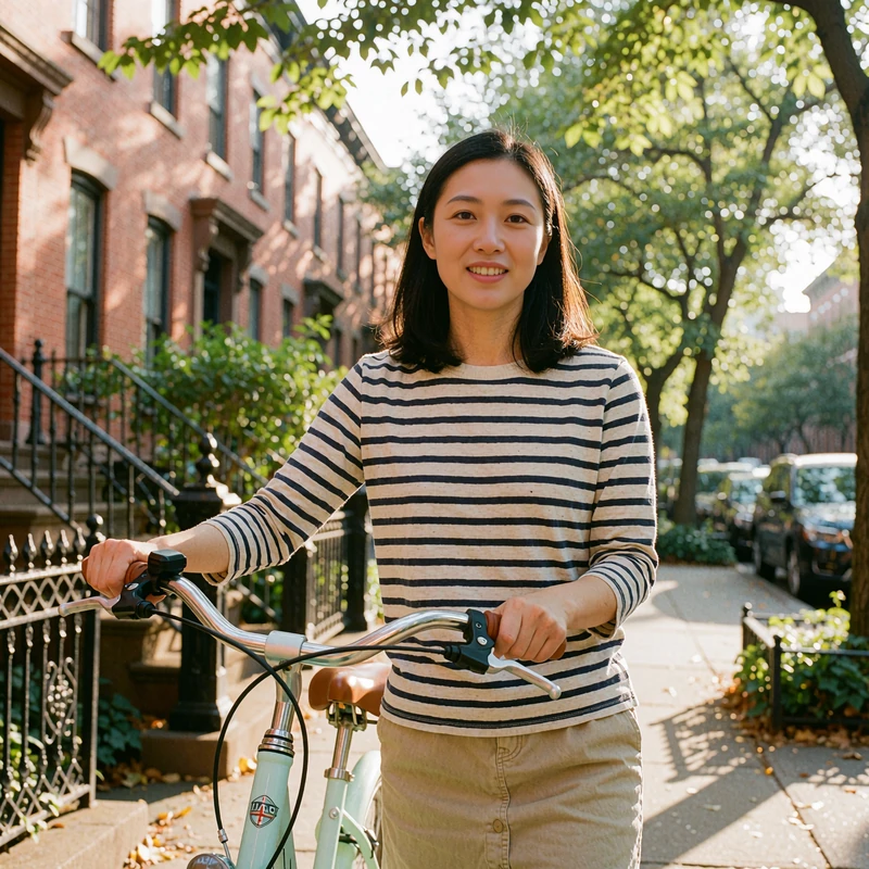 Woman in a striped tee walking a mint bicycle down a tree-lined street, an easygoing single thinking about online dating