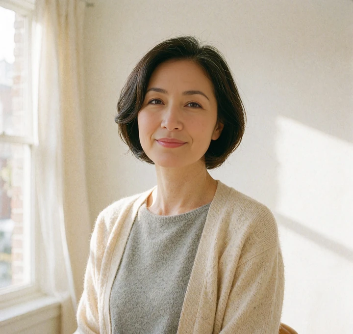 Calm woman with a dark bob and cream cardigan smiling against a bright wall, a dating profile photo example