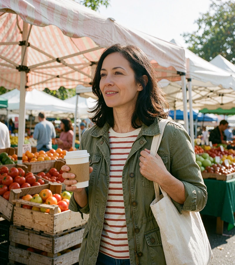 Woman in an olive jacket carrying coffee and a tote through a farmers market, an easygoing single open to dating