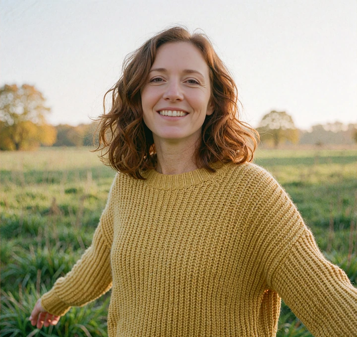 Woman with auburn hair in a mustard knit sweater smiling in a green meadow, an outdoorsy single near you