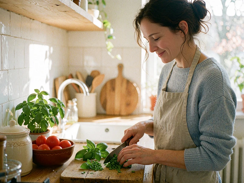 Woman in a linen apron chopping fresh basil in a bright home kitchen, a home-cook single looking to date