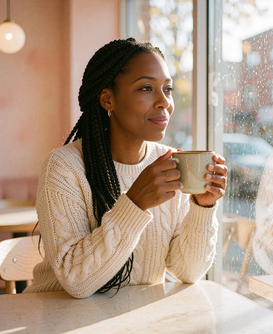 Woman with long box braids holding a mug at a café window, thoughtfully asking whether online dating is worth it