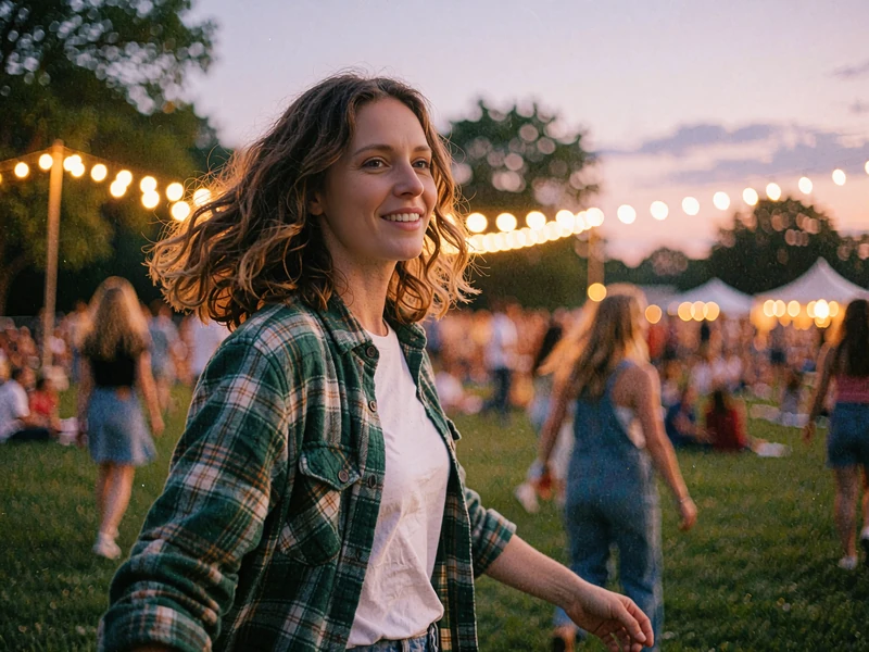 Woman in a green plaid flannel swaying on a lawn at an outdoor evening concert with warm string lights behind her