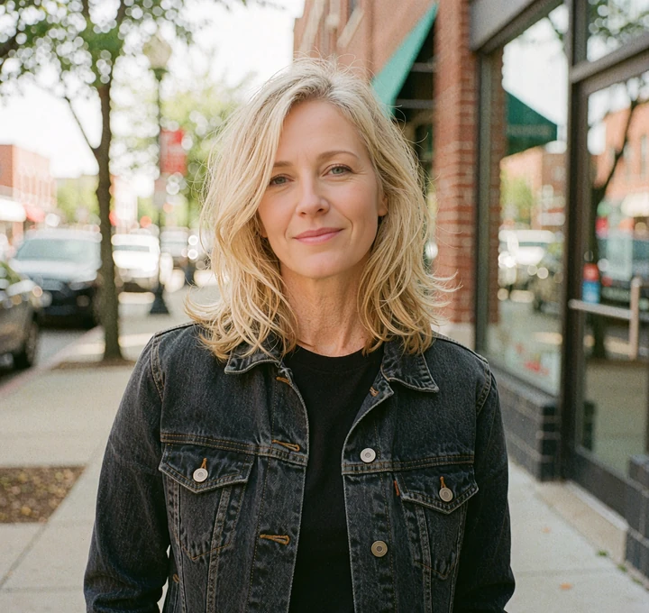 Blonde woman in her forties wearing a denim jacket on a city sidewalk, dating again after a fresh start