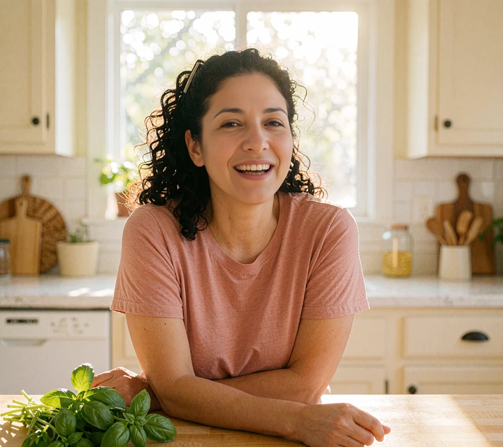 Woman with dark curly hair laughing beside fresh basil in a bright kitchen, an illustrative cooking-lover profile photo