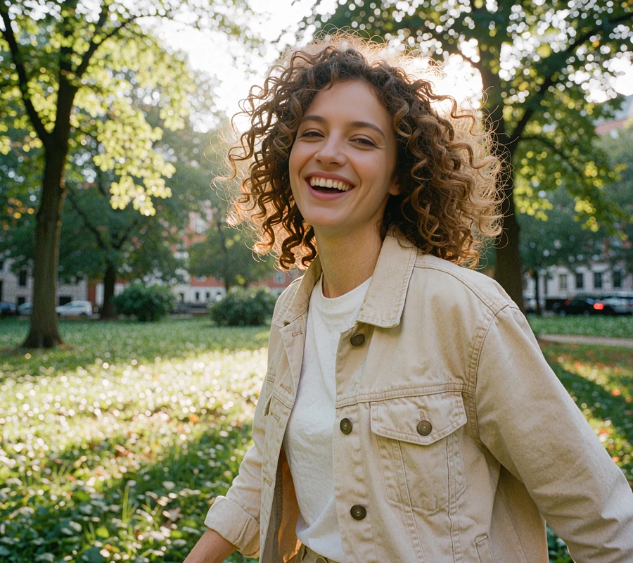 Smiling woman with curly hair and a beige jacket in a sunny city park, the kind of single you might meet nearby