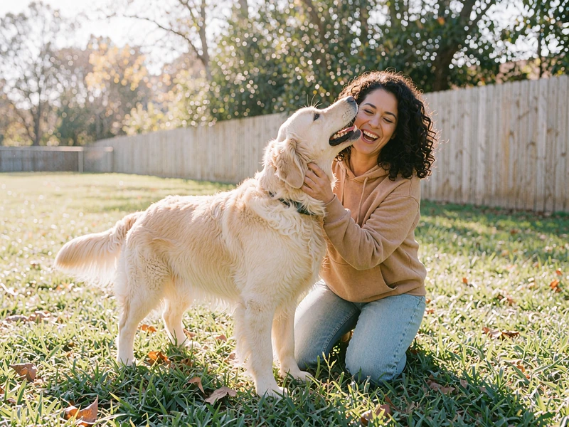 Woman in a camel hoodie laughing with a golden retriever on dog park grass, a pet-loving single near you