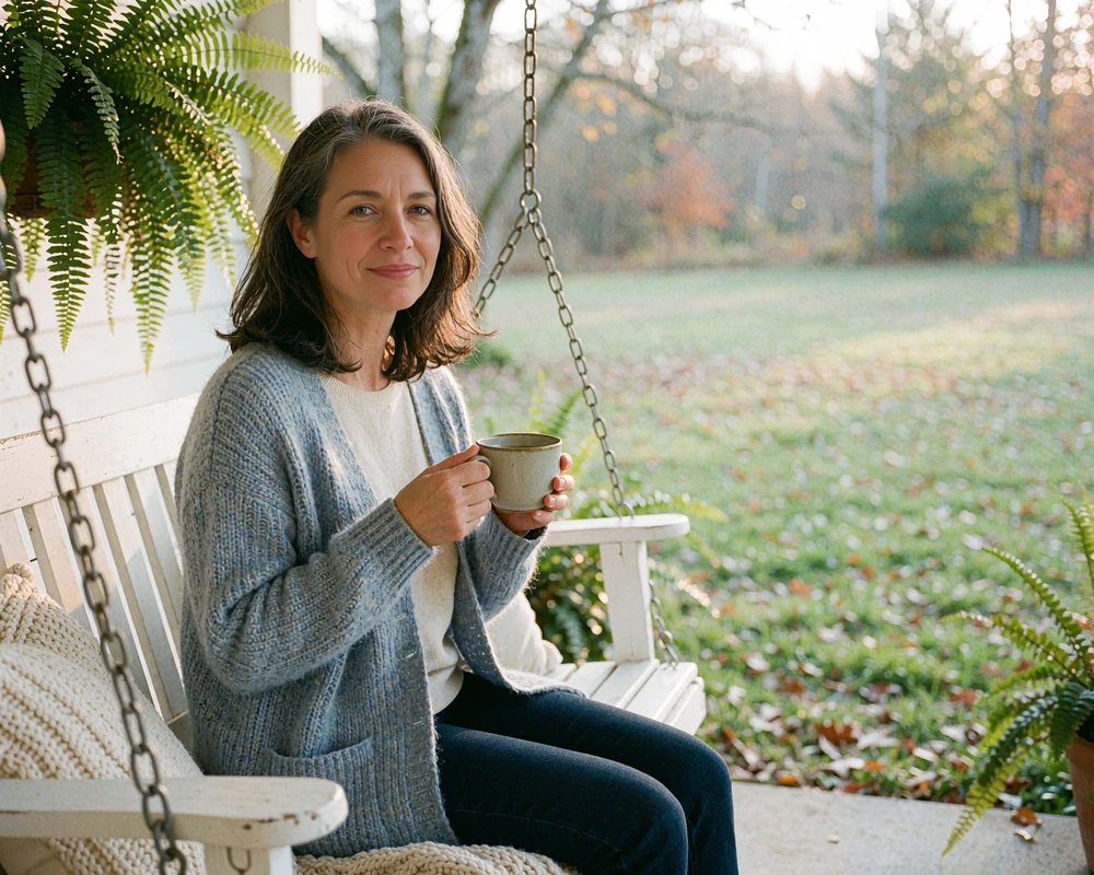 Woman in her early fifties with graying dark hair holding tea on a white porch swing, starting again after divorce