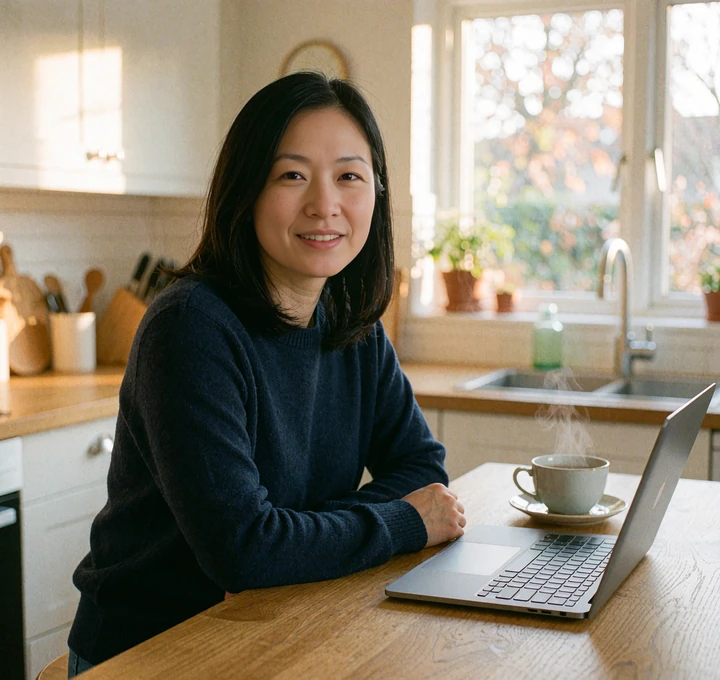 Young woman in a navy sweater smiling at a kitchen counter with tea, a down-to-earth single on a dating app