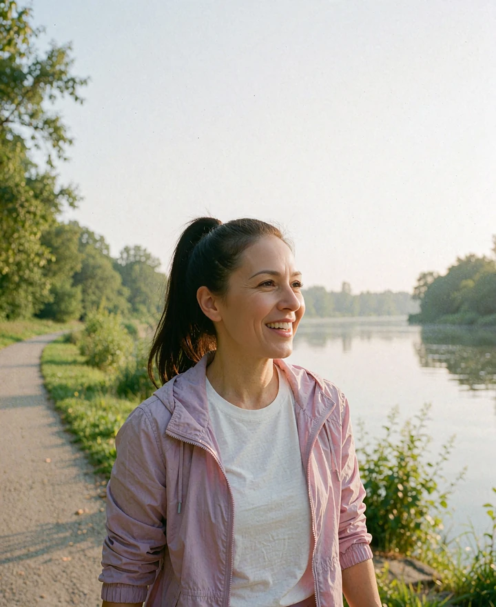 Smiling woman with a high dark ponytail and lilac windbreaker on a riverside walking path, an active single near me