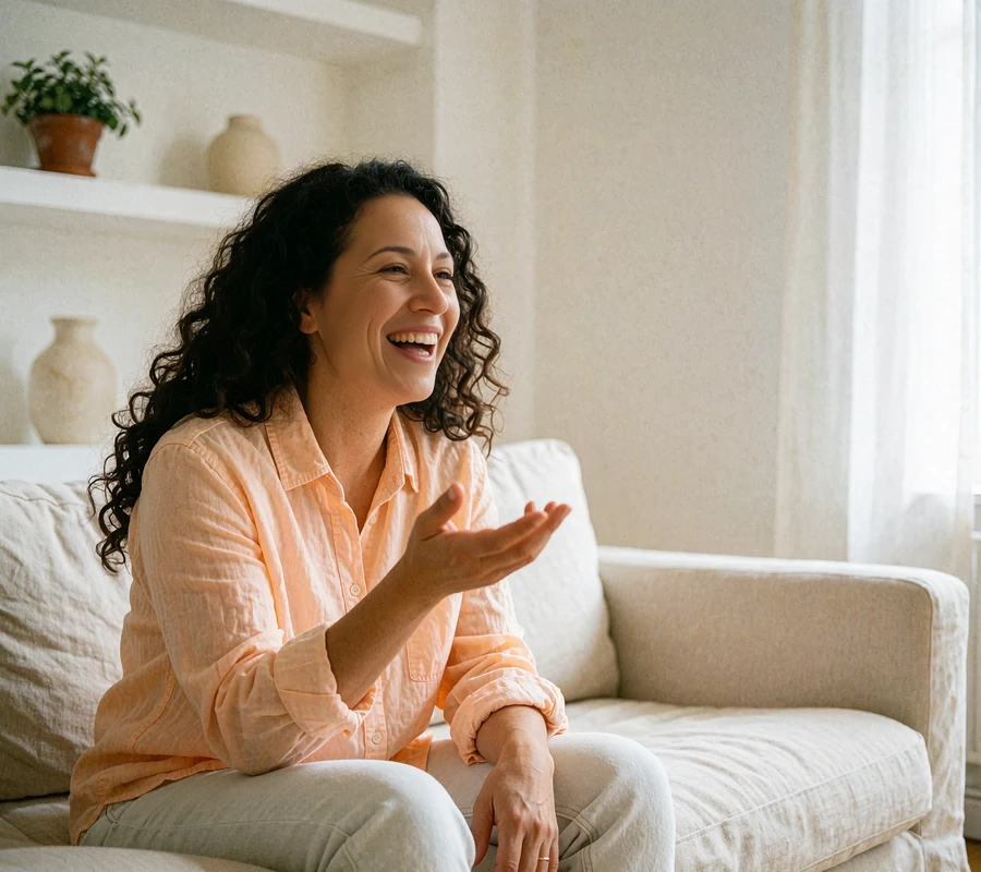 Woman in a peach shirt laughing on a cream sofa at home, chatting easily as on a free dating app