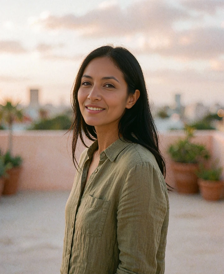 Woman with long sleek black hair in an olive linen shirt smiling over her shoulder on a rooftop terrace at sunset