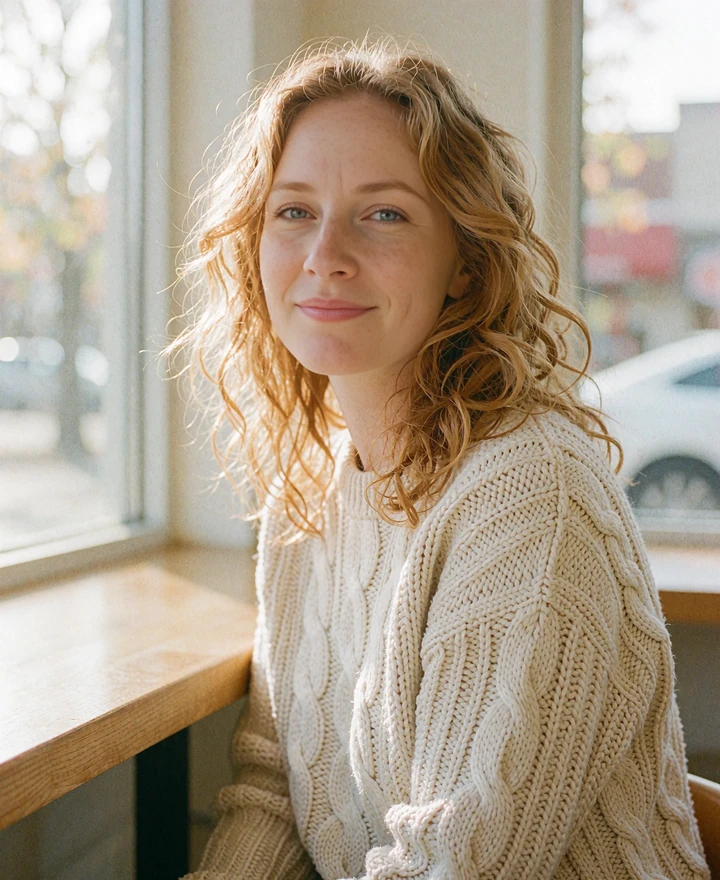 Freckled woman with wavy strawberry-blond hair in a cream cable-knit sweater by a coffee shop window, a single woman near you