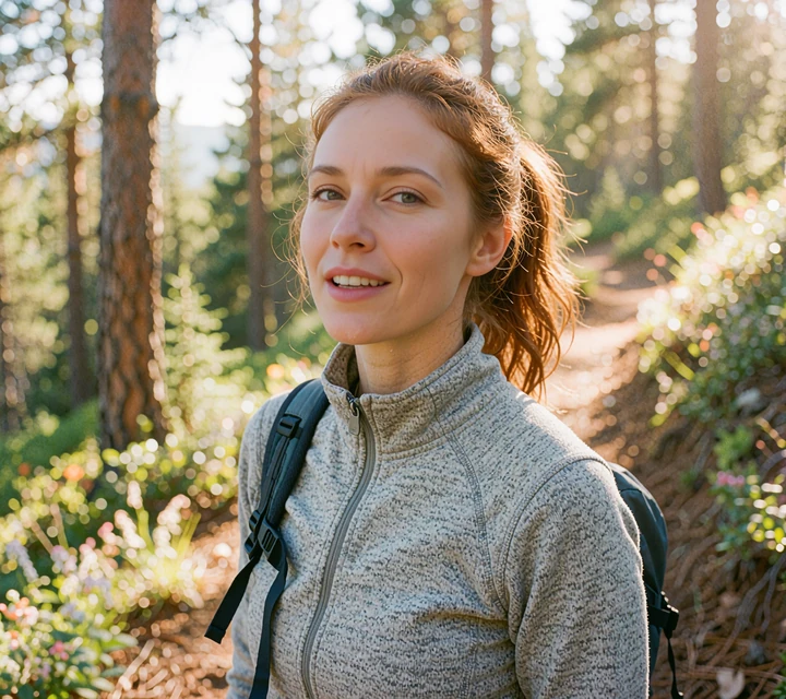 Auburn-haired woman in a gray fleece smiling on a forest trail, an illustrative hiking profile photo for singles
