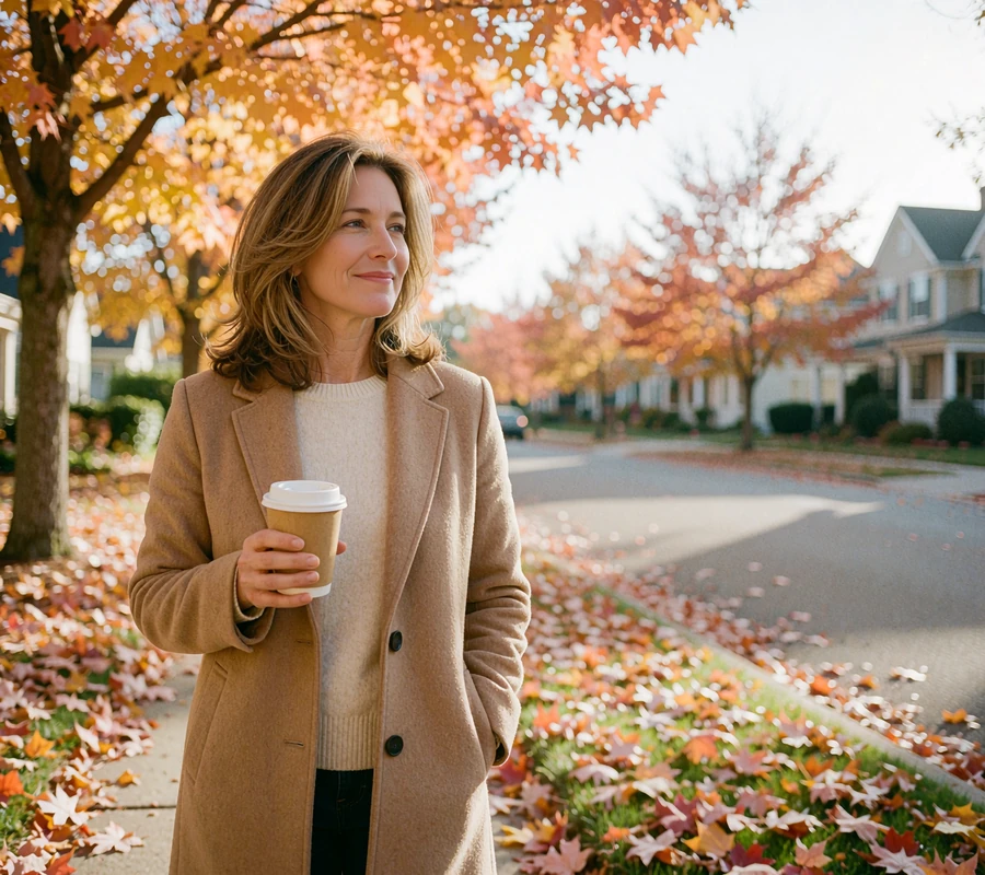 Smiling woman in a camel wool coat walking a leaf-covered street with a coffee, ready to date with intention