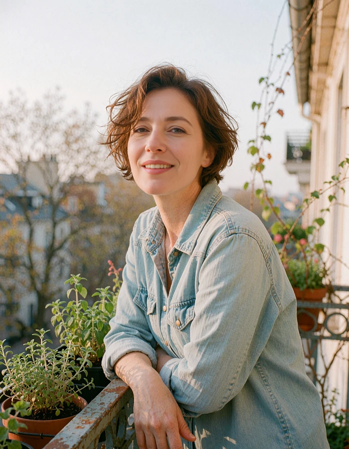Woman in her forties wearing a chambray shirt on a sunny apartment balcony, relaxed after trying a calmer way to date
