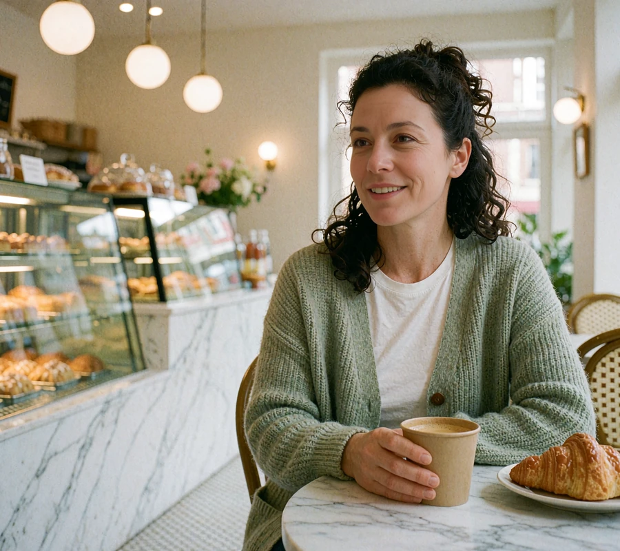 Woman with dark curly hair in a sage cardigan at a marble bakery table, listening warmly on a relaxed coffee date