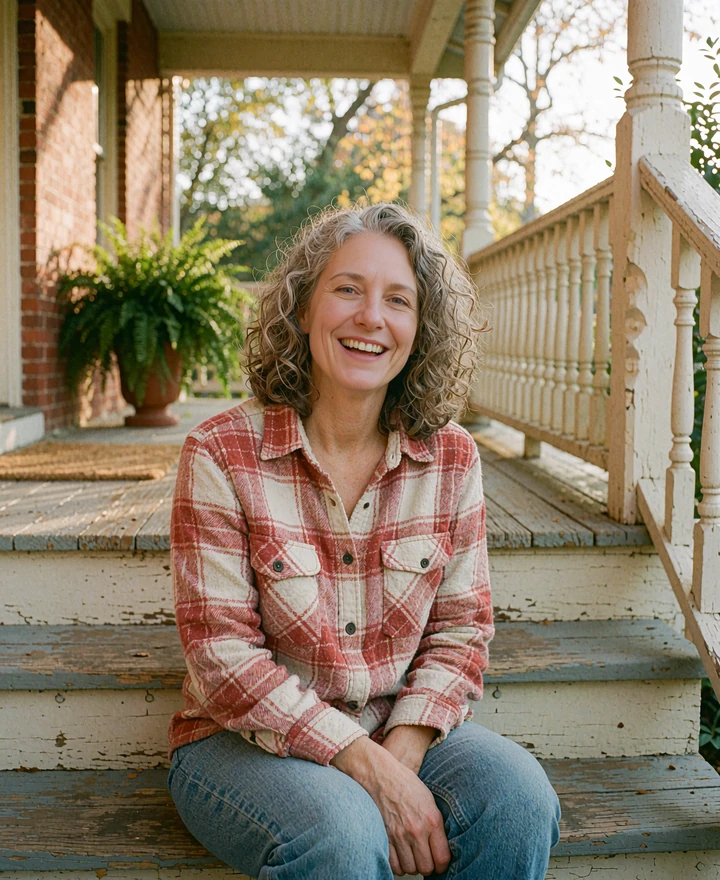 Laughing woman in her forties with curly gray-touched hair and a red flannel shirt on wooden porch steps