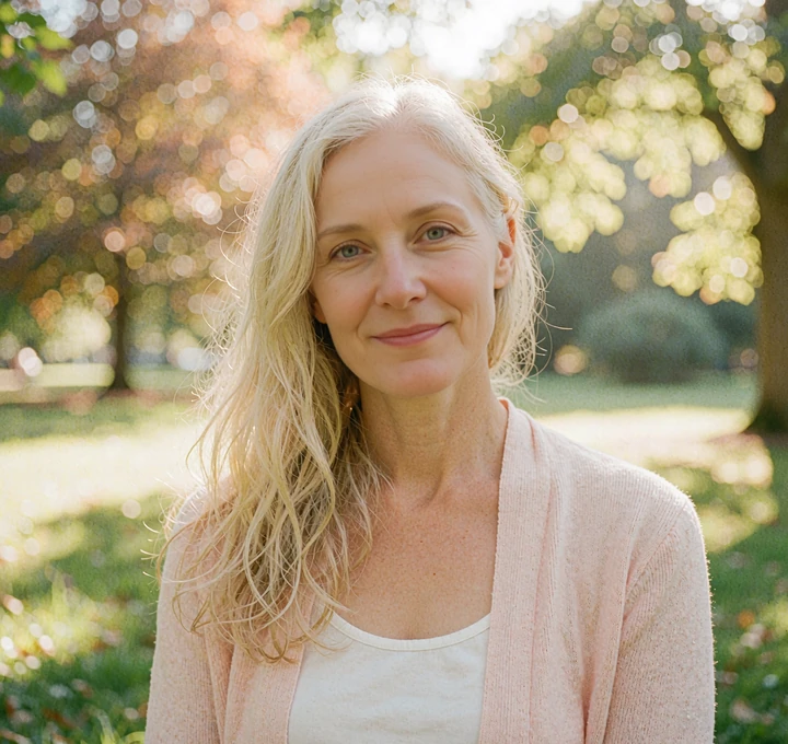 Kind woman with light blonde hair in a pale pink cardigan in a sunny park, open to a serious relationship