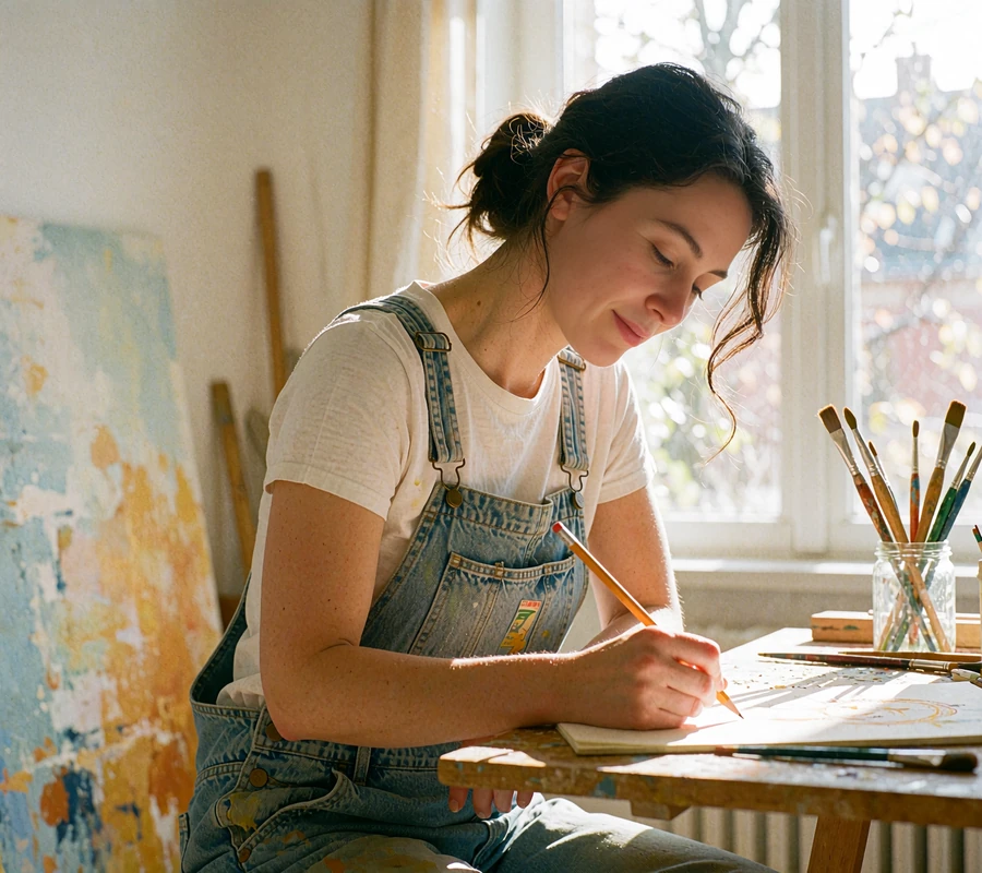 Creative woman in denim overalls sketching at a sunny studio table, an artsy single with hobbies to share