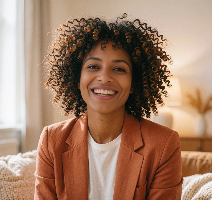 Joyful woman with natural curls in a burnt-orange blazer, a confident single looking to meet someone new