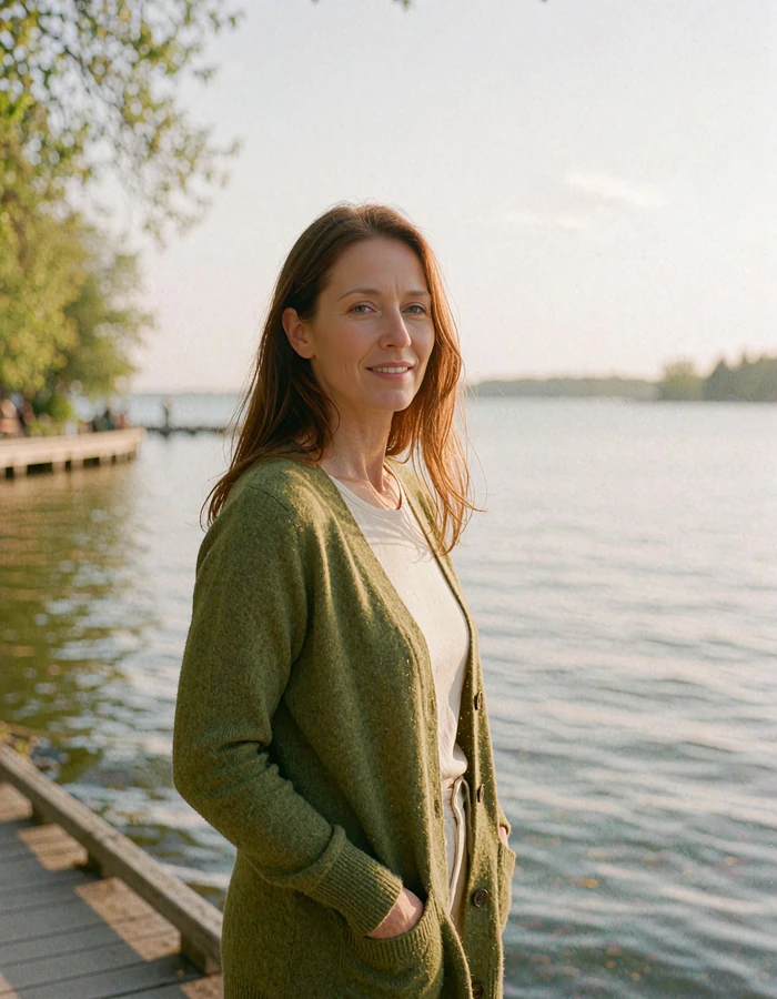 Woman with long auburn-brown hair in a moss-green cardigan smiling on a lakeside boardwalk, picturing a calm nearby date