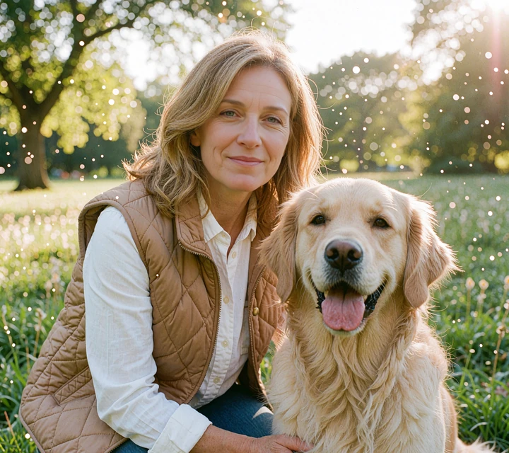 Woman in a camel vest kneeling beside a golden retriever in a park, an illustrative dog-walk profile photo for dating