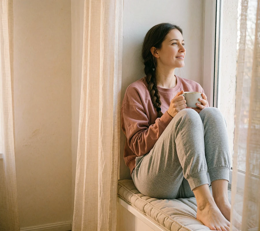 Woman with a long dark braid holding tea on a cushioned window seat, thinking about trying a new dating app
