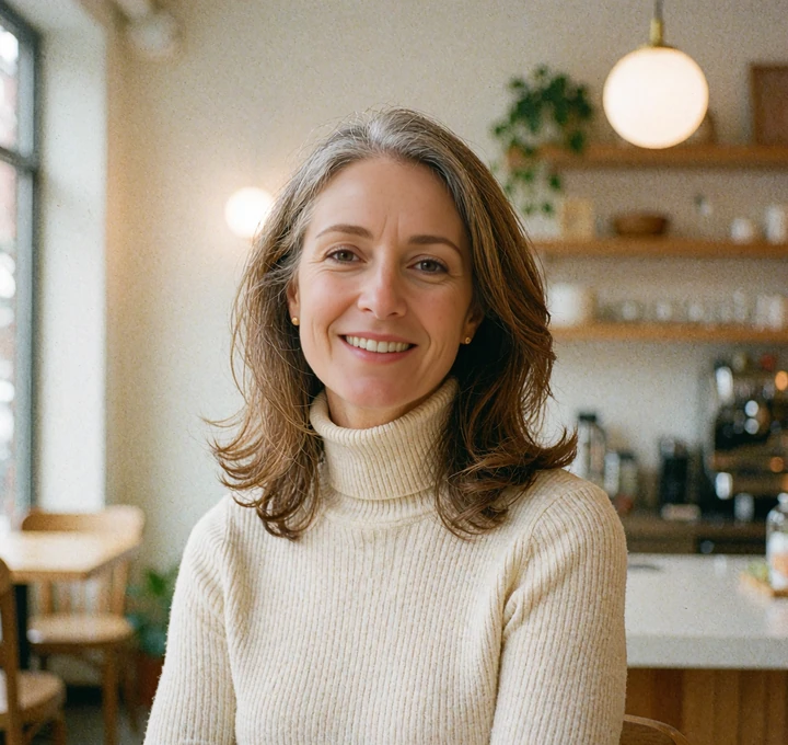 Graceful woman with silver-streaked hair in a cream turtleneck at a cozy café, dating over 40 made simple