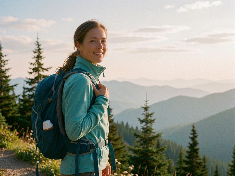 Woman in a teal jacket smiling back on a mountain trail overlook, a hiking single you could meet nearby